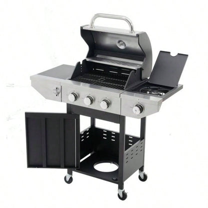 Propane Grill 3 Barbecue Grill Stainless Steel Gas Grill with Side and Thermometer Outdoor BBQ, Camping