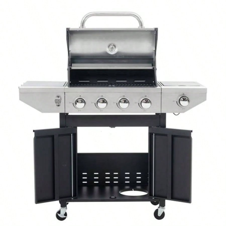 Propane Grill 4 Barbecue Grill Stainless Steel Gas Grill with Side and Thermometer Outdoor BBQ, Camping