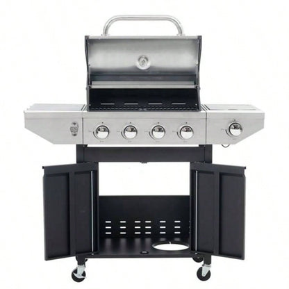 Propane Grill 4 Barbecue Grill Stainless Steel Gas Grill with Side and Thermometer Outdoor BBQ, Camping