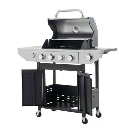 Propane Grill 4 Barbecue Grill Stainless Steel Gas Grill with Side and Thermometer Outdoor BBQ, Camping