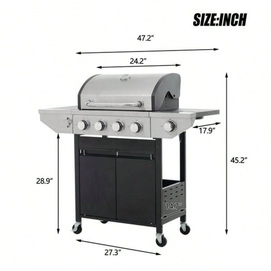 Propane Grill 4 Barbecue Grill Stainless Steel Gas Grill with Side and Thermometer Outdoor BBQ, Camping