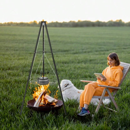 Campfire Tripod Grill, Adjustable Height BBQ Grill Grate Cooking Over Fire, Firepit Cooking Rack, Black