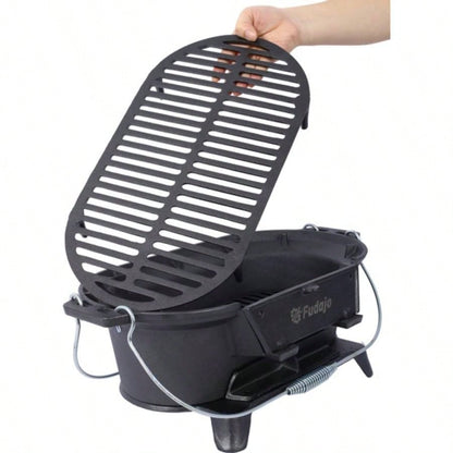 Oval Cast Iron Grill Outdoor, Portable Charcoal Grill and Tabletop Cast Iron Skillet - Cast Iron, Enameled, Durable, Small Charcoal Grill, Camping Stove, Hibachi Grill