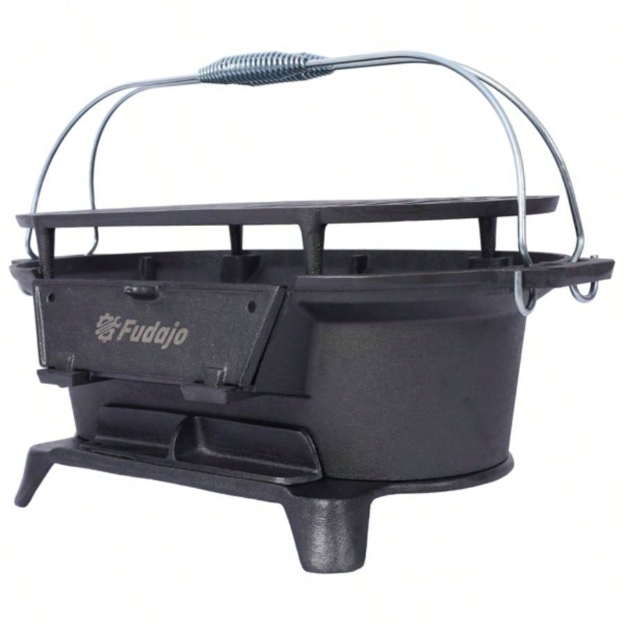 Oval Cast Iron Grill Outdoor, Portable Charcoal Grill and Tabletop Cast Iron Skillet - Cast Iron, Enameled, Durable, Small Charcoal Grill, Camping Stove, Hibachi Grill
