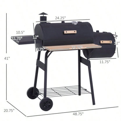 48 Steel Portable Backyard Charcoal BBQ Grill and Offset Smoker Combo with Wheels