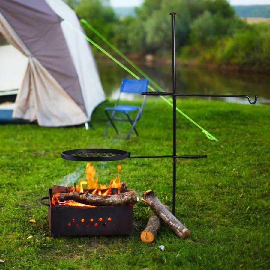 Swivel Campfire Grill, Open Fire Cooking Equipment Camping with Height Adjustable Grill Grate and Hanger Rod and Carry Bag