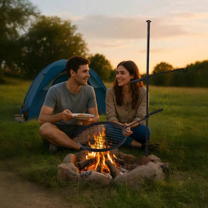 Swivel Campfire Grill, Open Fire Cooking Equipment Camping with Height Adjustable Grill Grate and Hanger Rod and Carry Bag