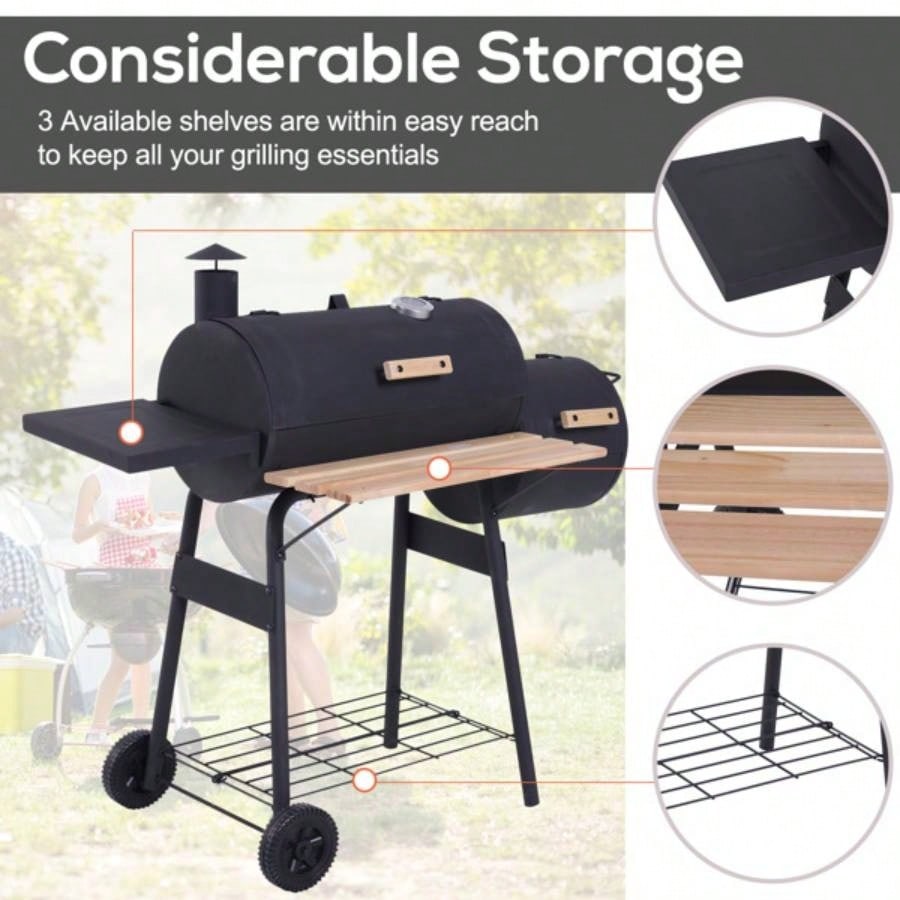 48 Steel Portable Backyard Charcoal BBQ Grill and Offset Smoker Combo with Wheels