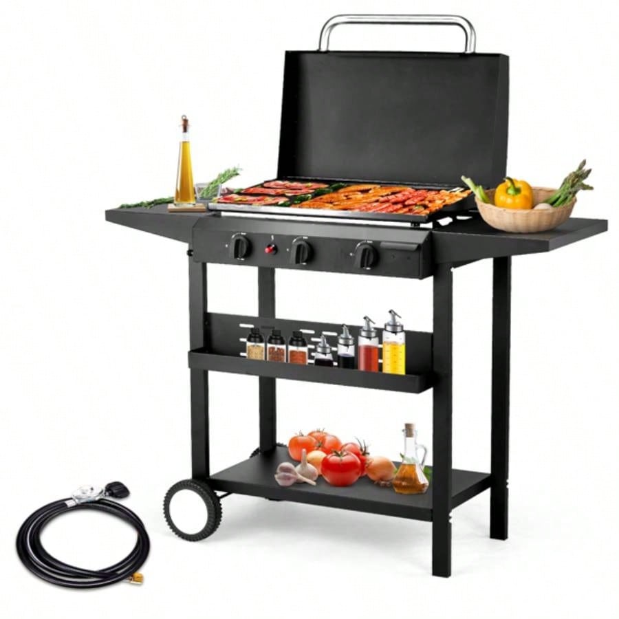 3 - Flat Top Gas Griddle Cooking Station with Ceramic Coated Cast Iron Pan, 30, 000 BTU Propane Fuelled Griddle Station with Side Shelves Spice Rack Outdoor Barbecue Backyard Cookout