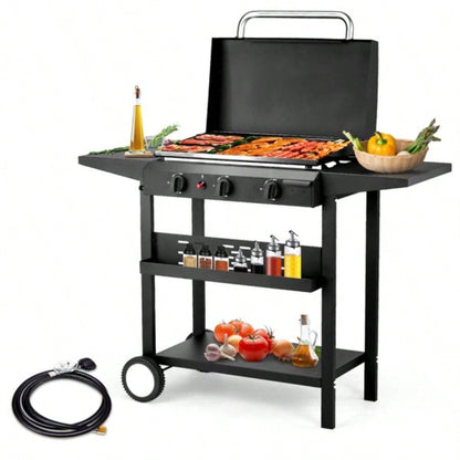 3 - Flat Top Gas Griddle Cooking Station with Ceramic Coated Cast Iron Pan, 30, 000 BTU Propane Fuelled Griddle Station with Side Shelves Spice Rack Outdoor Barbecue Backyard Cookout