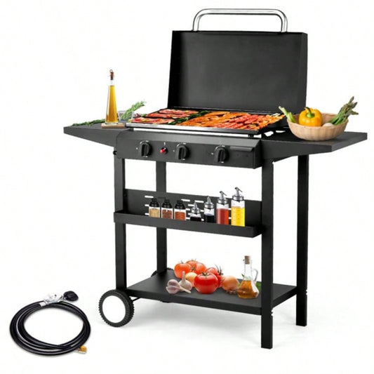 3 - Flat Top Gas Griddle Cooking Station with Ceramic Coated Cast Iron Pan, 30, 000 BTU Propane Fuelled Griddle Station with Side Shelves Spice Rack Outdoor Barbecue Backyard Cookout