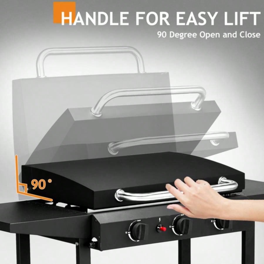 3 - Flat Top Gas Griddle Cooking Station with Ceramic Coated Cast Iron Pan, 30, 000 BTU Propane Fuelled Griddle Station with Side Shelves Spice Rack Outdoor Barbecue Backyard Cookout