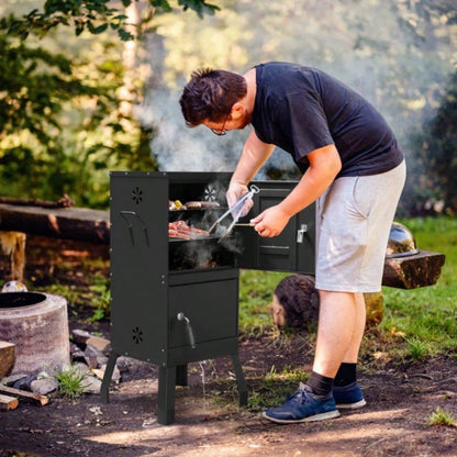 Outdoor Smoker with Double Doors, 2 Detachable Grill Netting Racks, Charcoal Pan Pan, 4 Vents, Thermometer, Vertical Charcoal Smoker Barbecue Camping Backyard Grill