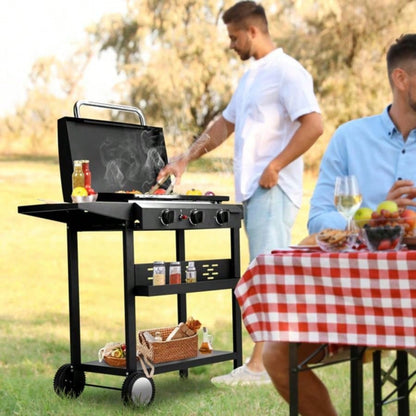 3 - Flat Top Gas Griddle Cooking Station with Ceramic Coated Cast Iron Pan, 30, 000 BTU Propane Fuelled Griddle Station with Side Shelves Spice Rack Outdoor Barbecue Backyard Cookout