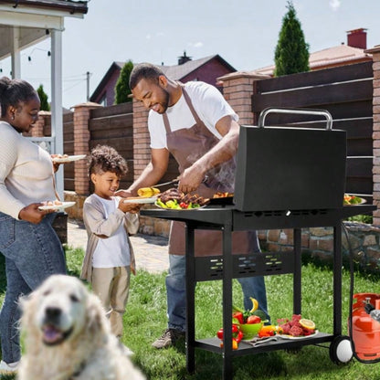 3 - Flat Top Gas Griddle Cooking Station with Ceramic Coated Cast Iron Pan, 30, 000 BTU Propane Fuelled Griddle Station with Side Shelves Spice Rack Outdoor Barbecue Backyard Cookout