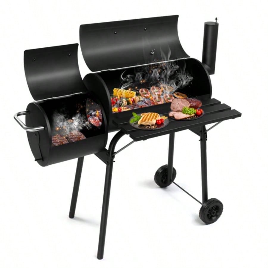 Charcoal Grill with Offset Smoker, All Metal Outdoor Smoker with Side Table and Wheels Outdoor Garden Patio and Backyard Cooking