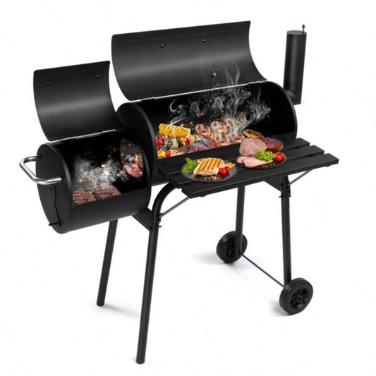Charcoal Grill with Offset Smoker, All Metal Outdoor Smoker with Side Table and Wheels Outdoor Garden Patio and Backyard Cooking
