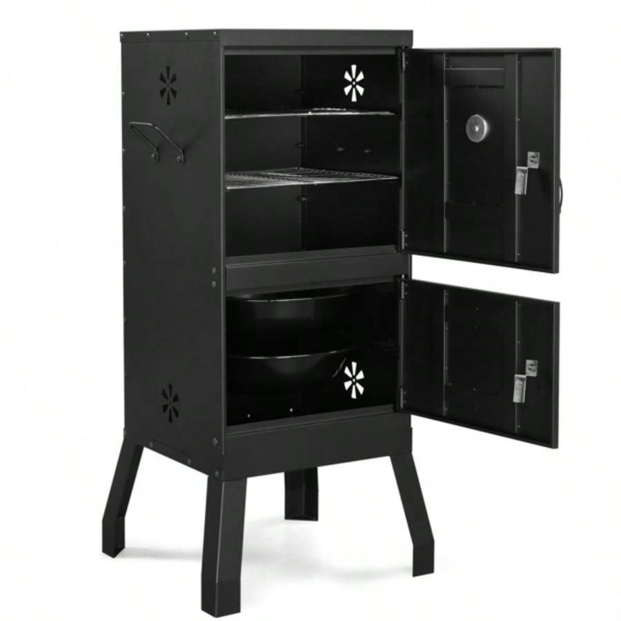 Outdoor Smoker with Double Doors, 2 Detachable Grill Netting Racks, Charcoal Pan Pan, 4 Vents, Thermometer, Vertical Charcoal Smoker Barbecue Camping Backyard Grill