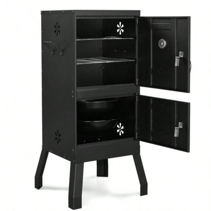 Outdoor Smoker with Double Doors, 2 Detachable Grill Netting Racks, Charcoal Pan Pan, 4 Vents, Thermometer, Vertical Charcoal Smoker Barbecue Camping Backyard Grill