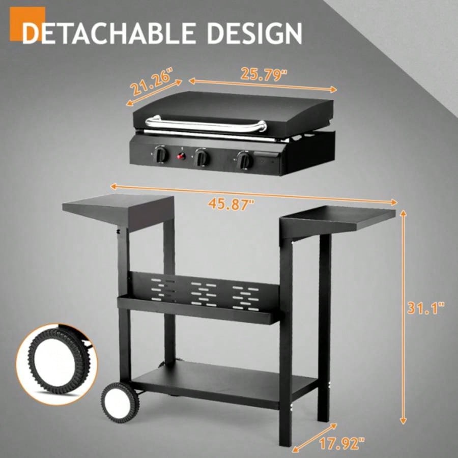 3 - Flat Top Gas Griddle Cooking Station with Ceramic Coated Cast Iron Pan, 30, 000 BTU Propane Fuelled Griddle Station with Side Shelves Spice Rack Outdoor Barbecue Backyard Cookout