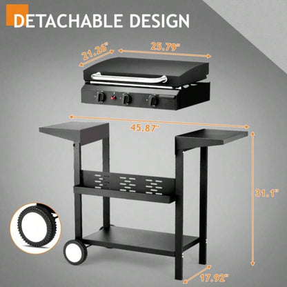3 - Flat Top Gas Griddle Cooking Station with Ceramic Coated Cast Iron Pan, 30, 000 BTU Propane Fuelled Griddle Station with Side Shelves Spice Rack Outdoor Barbecue Backyard Cookout