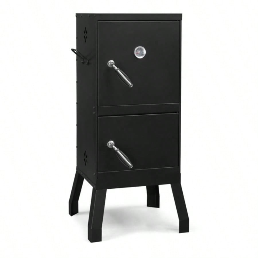 Outdoor Smoker with Double Doors, 2 Detachable Grill Netting Racks, Charcoal Pan Pan, 4 Vents, Thermometer, Vertical Charcoal Smoker Barbecue Camping Backyard Grill