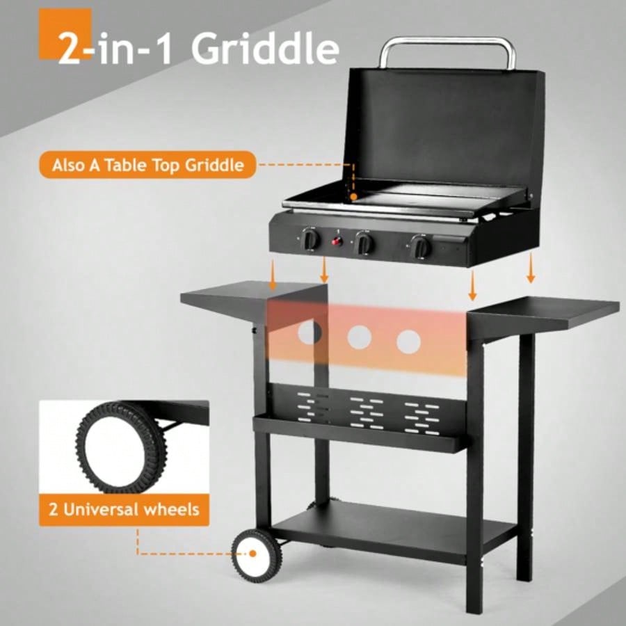 3 - Flat Top Gas Griddle Cooking Station with Ceramic Coated Cast Iron Pan, 30, 000 BTU Propane Fuelled Griddle Station with Side Shelves Spice Rack Outdoor Barbecue Backyard Cookout