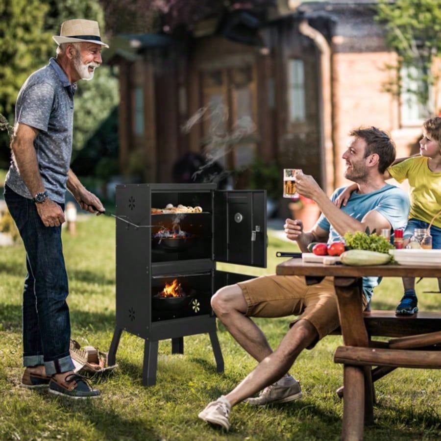 Outdoor Smoker with Double Doors, 2 Detachable Grill Netting Racks, Charcoal Pan Pan, 4 Vents, Thermometer, Vertical Charcoal Smoker Barbecue Camping Backyard Grill