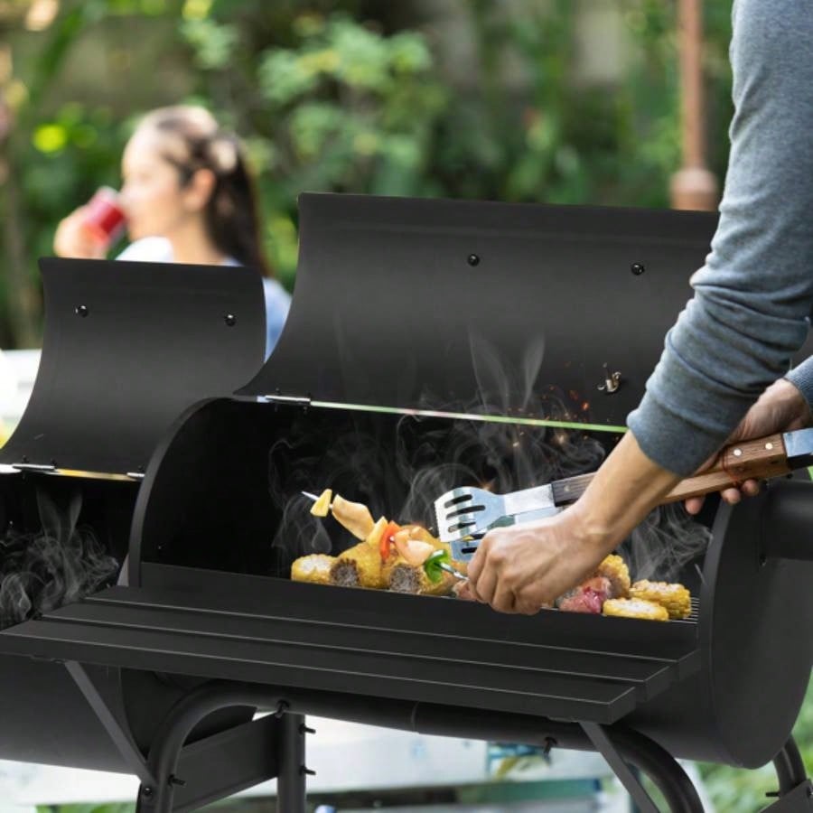 Charcoal Grill with Offset Smoker, All Metal Outdoor Smoker with Side Table and Wheels Outdoor Garden Patio and Backyard Cooking