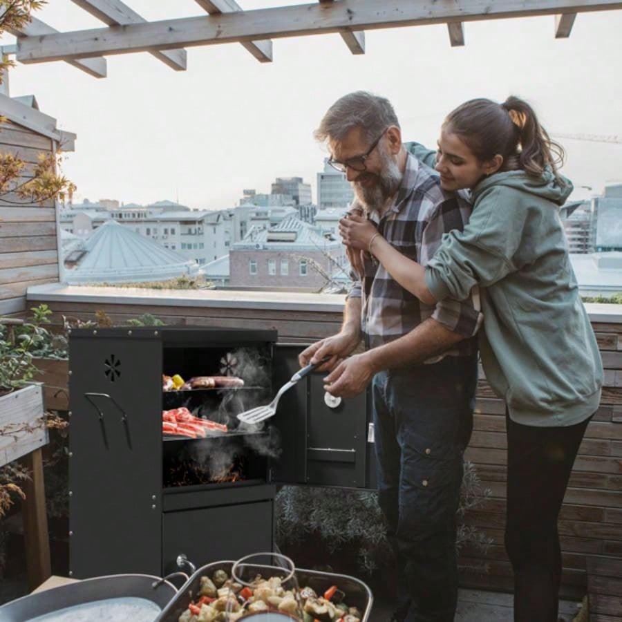 Outdoor Smoker with Double Doors, 2 Detachable Grill Netting Racks, Charcoal Pan Pan, 4 Vents, Thermometer, Vertical Charcoal Smoker Barbecue Camping Backyard Grill