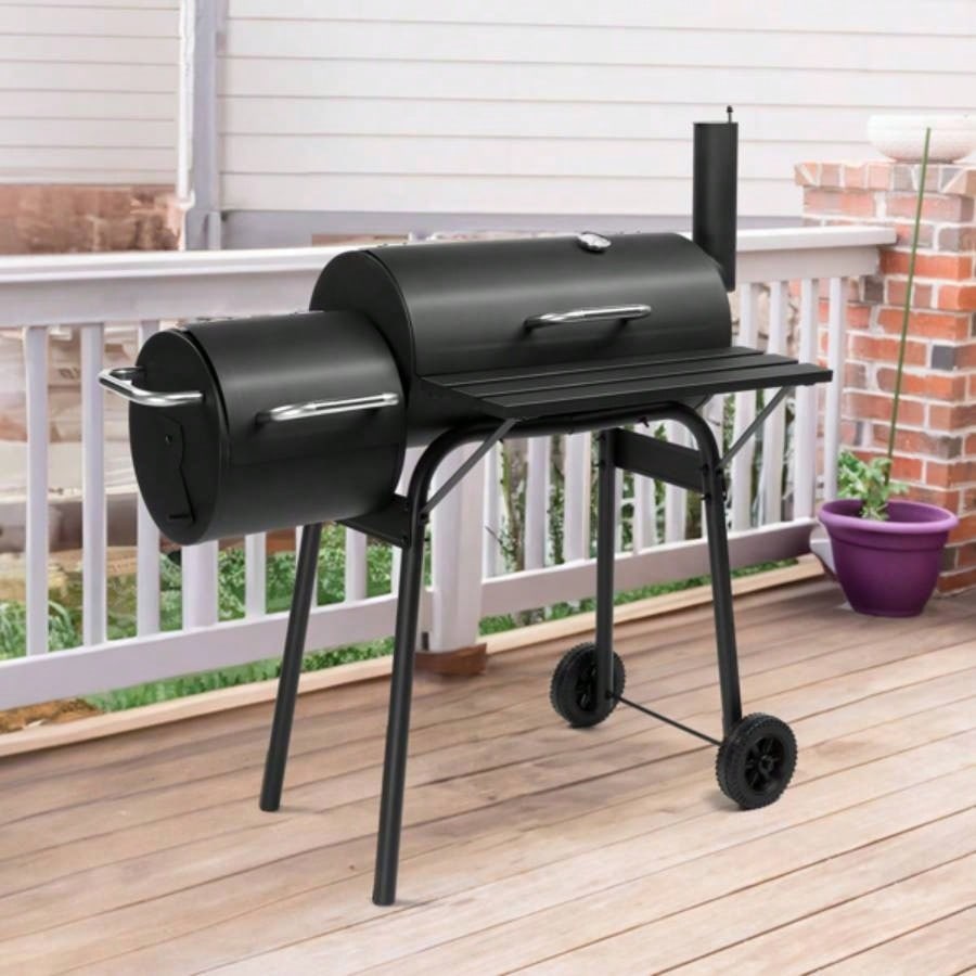 Charcoal Grill with Offset Smoker, All Metal Outdoor Smoker with Side Table and Wheels Outdoor Garden Patio and Backyard Cooking