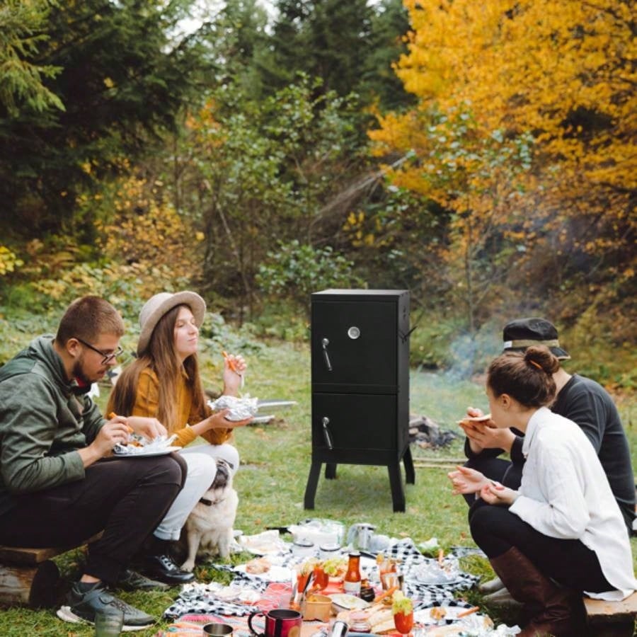 Outdoor Smoker with Double Doors, 2 Detachable Grill Netting Racks, Charcoal Pan Pan, 4 Vents, Thermometer, Vertical Charcoal Smoker Barbecue Camping Backyard Grill