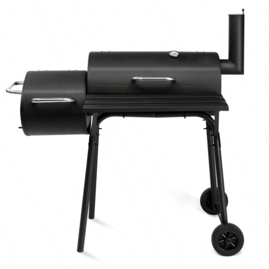 Charcoal Grill with Offset Smoker, All Metal Outdoor Smoker with Side Table and Wheels Outdoor Garden Patio and Backyard Cooking