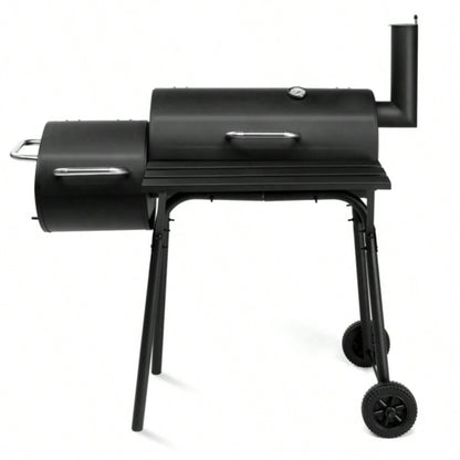 Charcoal Grill with Offset Smoker, All Metal Outdoor Smoker with Side Table and Wheels Outdoor Garden Patio and Backyard Cooking