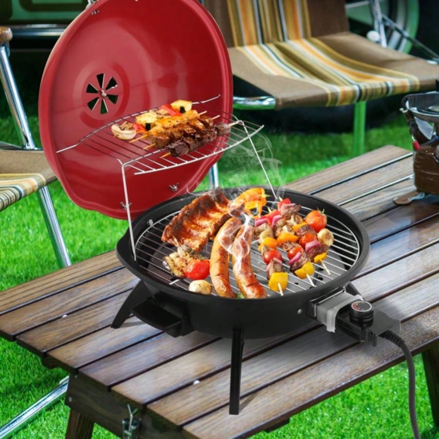 Countertop BBQ Grill, Portable Double Layer Indoor/Outdoor Grill Indoor Outdoor Use, 1600W, Red
