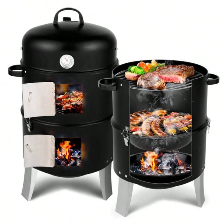 Vertical Steel Charcoal Smoker, Heavy Duty Double Layer Round BBQ Grill Outdoor Cooking, Black
