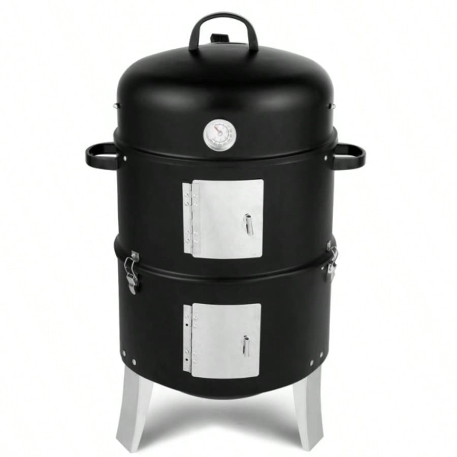 Vertical Steel Charcoal Smoker, Heavy Duty Double Layer Round BBQ Grill Outdoor Cooking, Black