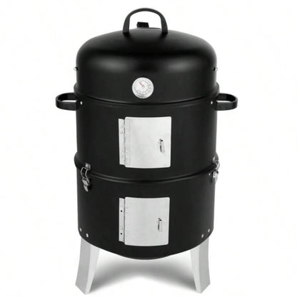 Vertical Steel Charcoal Smoker, Heavy Duty Double Layer Round BBQ Grill Outdoor Cooking, Black