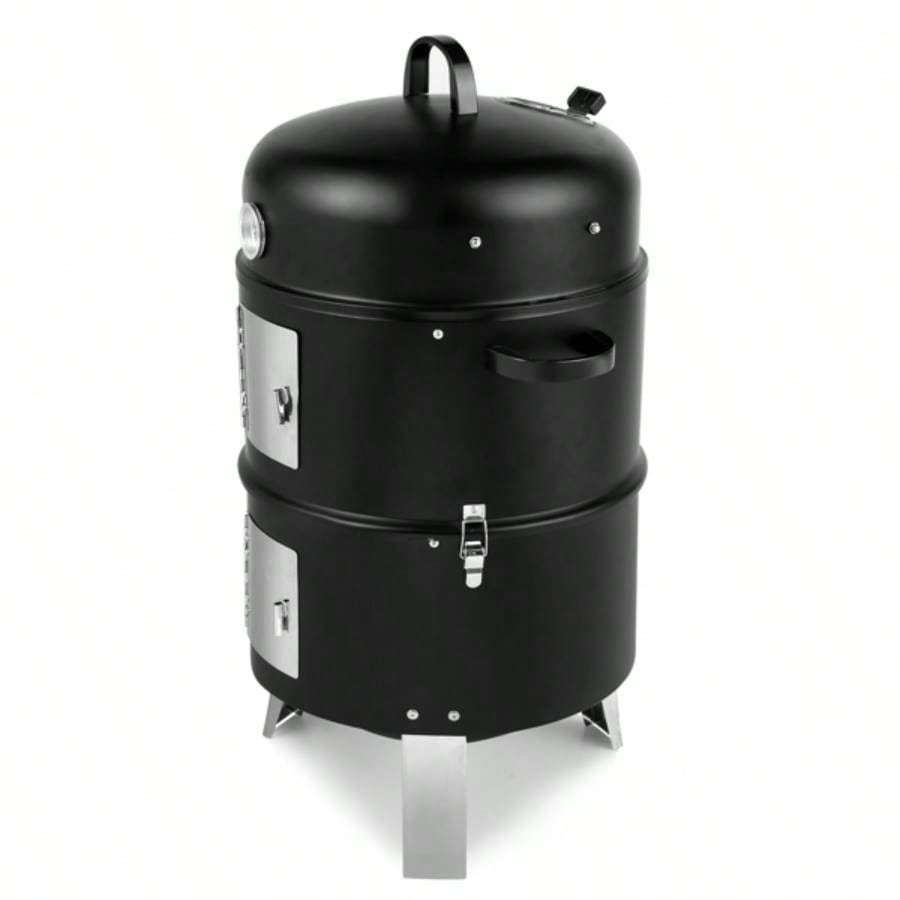 Vertical Steel Charcoal Smoker, Heavy Duty Double Layer Round BBQ Grill Outdoor Cooking, Black