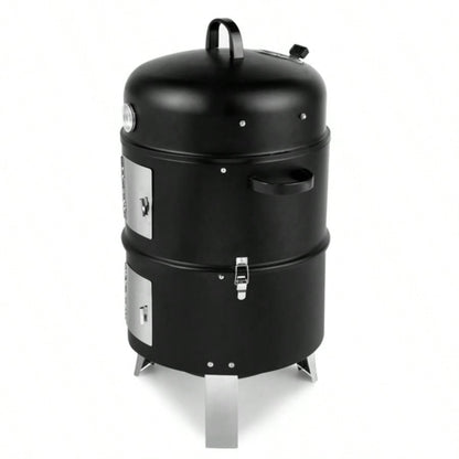Vertical Steel Charcoal Smoker, Heavy Duty Double Layer Round BBQ Grill Outdoor Cooking, Black