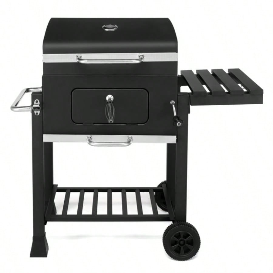 Charcoal Grill with Foldable Side Table and Wheels, Heavy - duty BBQ Grill Outdoor Picnics Patio Garden and Backyard Grilling