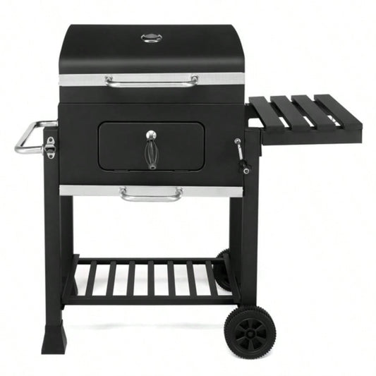 Charcoal Grill with Foldable Side Table and Wheels, Heavy - duty BBQ Grill Outdoor Picnics Patio Garden and Backyard Grilling