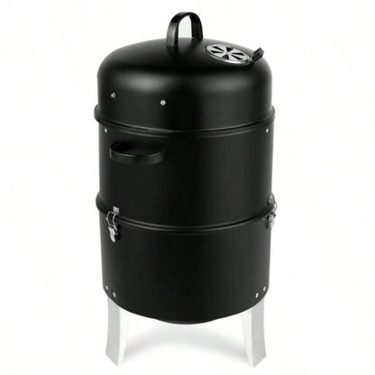 Vertical Steel Charcoal Smoker, Heavy Duty Double Layer Round BBQ Grill Outdoor Cooking, Black