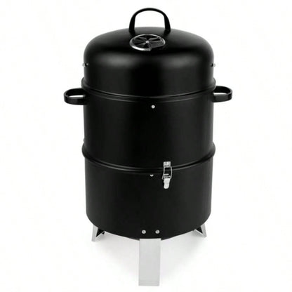 Vertical Steel Charcoal Smoker, Heavy Duty Double Layer Round BBQ Grill Outdoor Cooking, Black