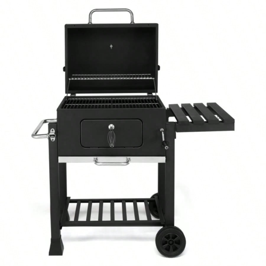 Charcoal Grill with Foldable Side Table and Wheels, Heavy - duty BBQ Grill Outdoor Picnics Patio Garden and Backyard Grilling