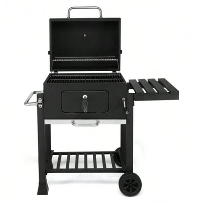 Charcoal Grill with Foldable Side Table and Wheels, Heavy - duty BBQ Grill Outdoor Picnics Patio Garden and Backyard Grilling