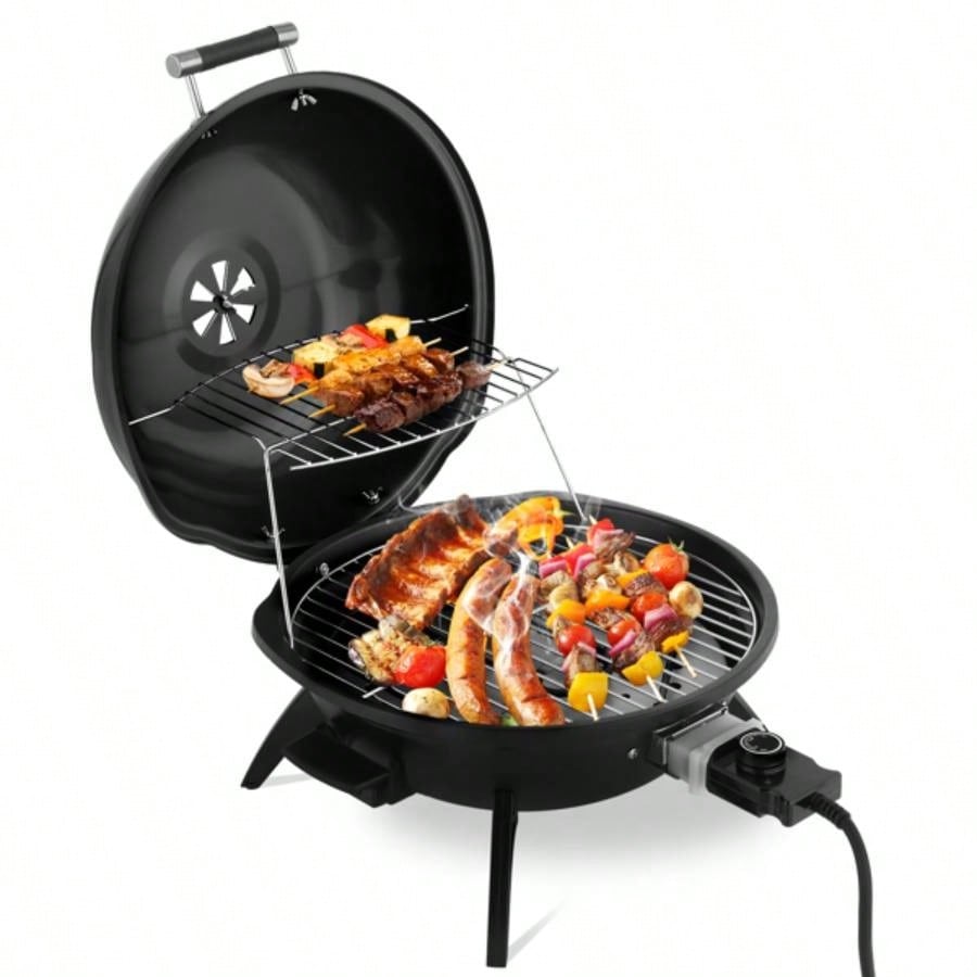 Countertop BBQ Grill, Portable Double Layer Indoor/Outdoor Grill Indoor Outdoor Use, 1600W, Black