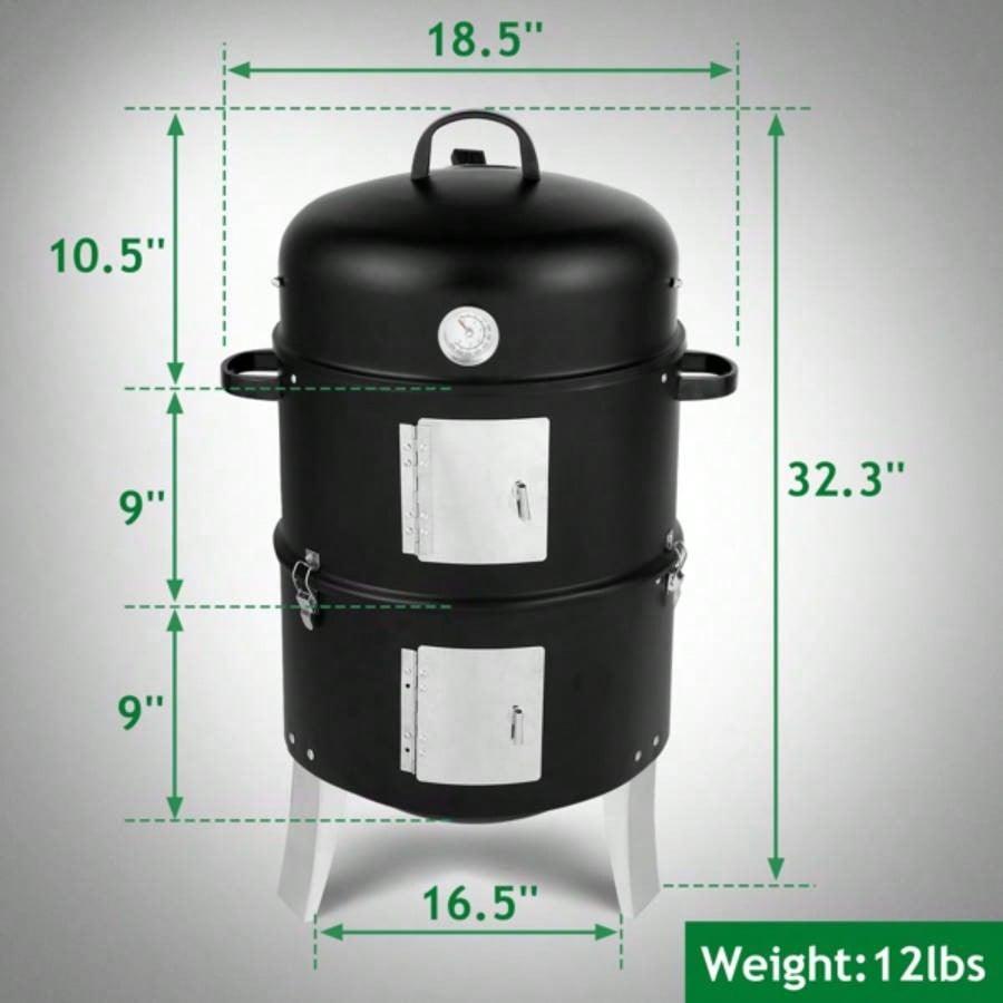Vertical Steel Charcoal Smoker, Heavy Duty Double Layer Round BBQ Grill Outdoor Cooking, Black
