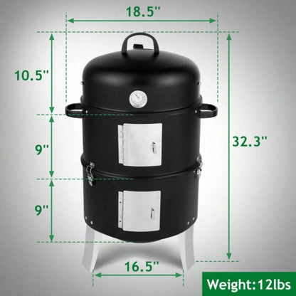 Vertical Steel Charcoal Smoker, Heavy Duty Double Layer Round BBQ Grill Outdoor Cooking, Black