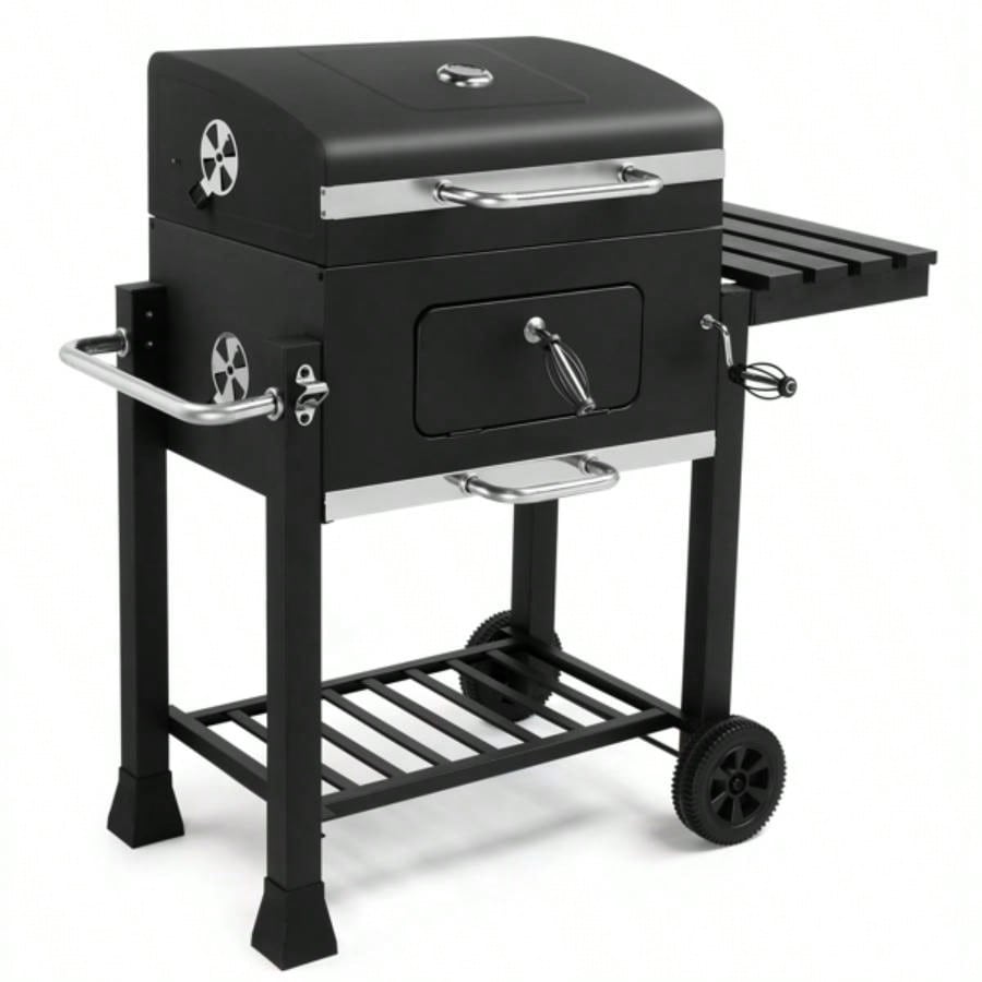 Charcoal Grill with Foldable Side Table and Wheels, Heavy - duty BBQ Grill Outdoor Picnics Patio Garden and Backyard Grilling